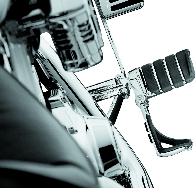 Chrome Kuryakyn Switchblade Pegs with male mount adapter for Harley and metric motorcycles, showing the sleek footrest design.