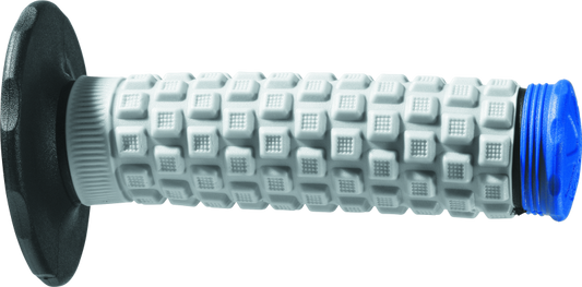 ProTaper Pillow Top Grips in black, gray, and blue with ergonomic design, suitable for motorcycle handlebars.