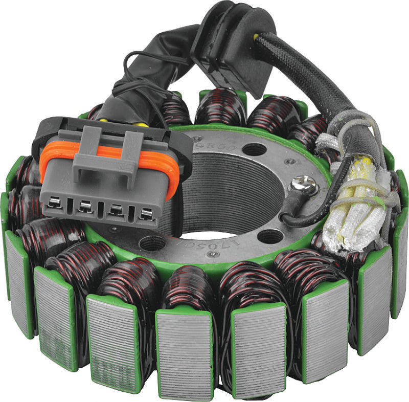 QuadBoss Polaris Ranger 700 6x6 EFI stator part #463502, close-up showing black electrical component with wiring connections.