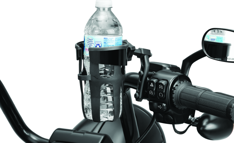 Kuryakyn Reflex drink holder perch mount in black attached to a powersports vehicle handlebar, with a beverage cup inside.
