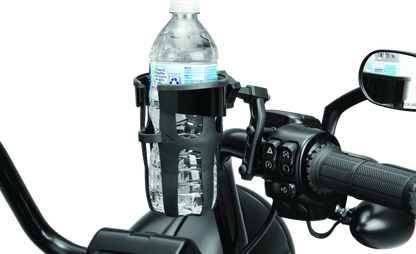 Kuryakyn Reflex drink holder perch mount in black attached to a powersports vehicle handlebar, with a beverage cup inside.