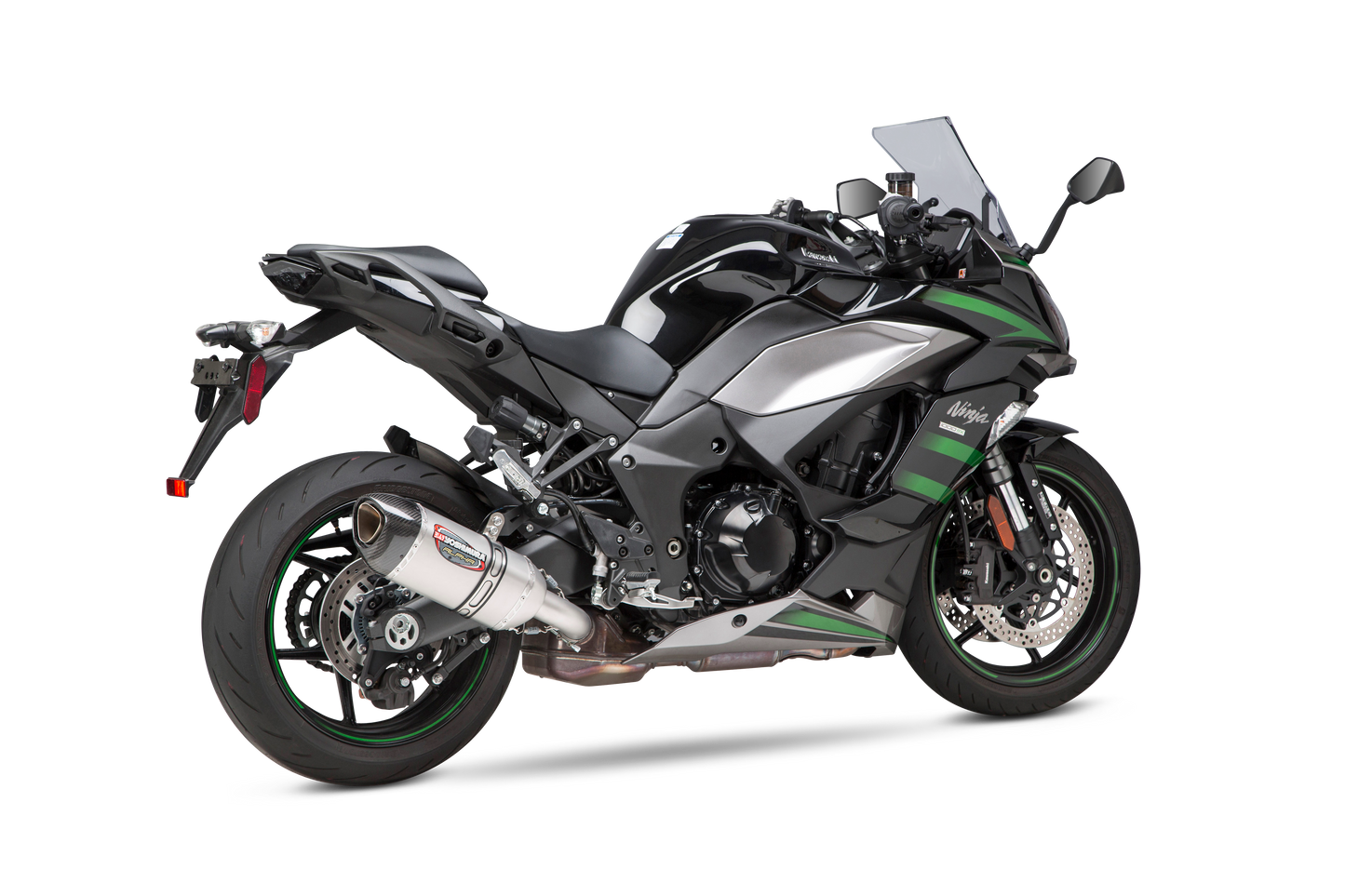 YOSHIMURA RS-12 ADV Street Alpha Slip-On Exhaust for Kawasaki motorcycle, showcasing the sleek black and polished metal design.