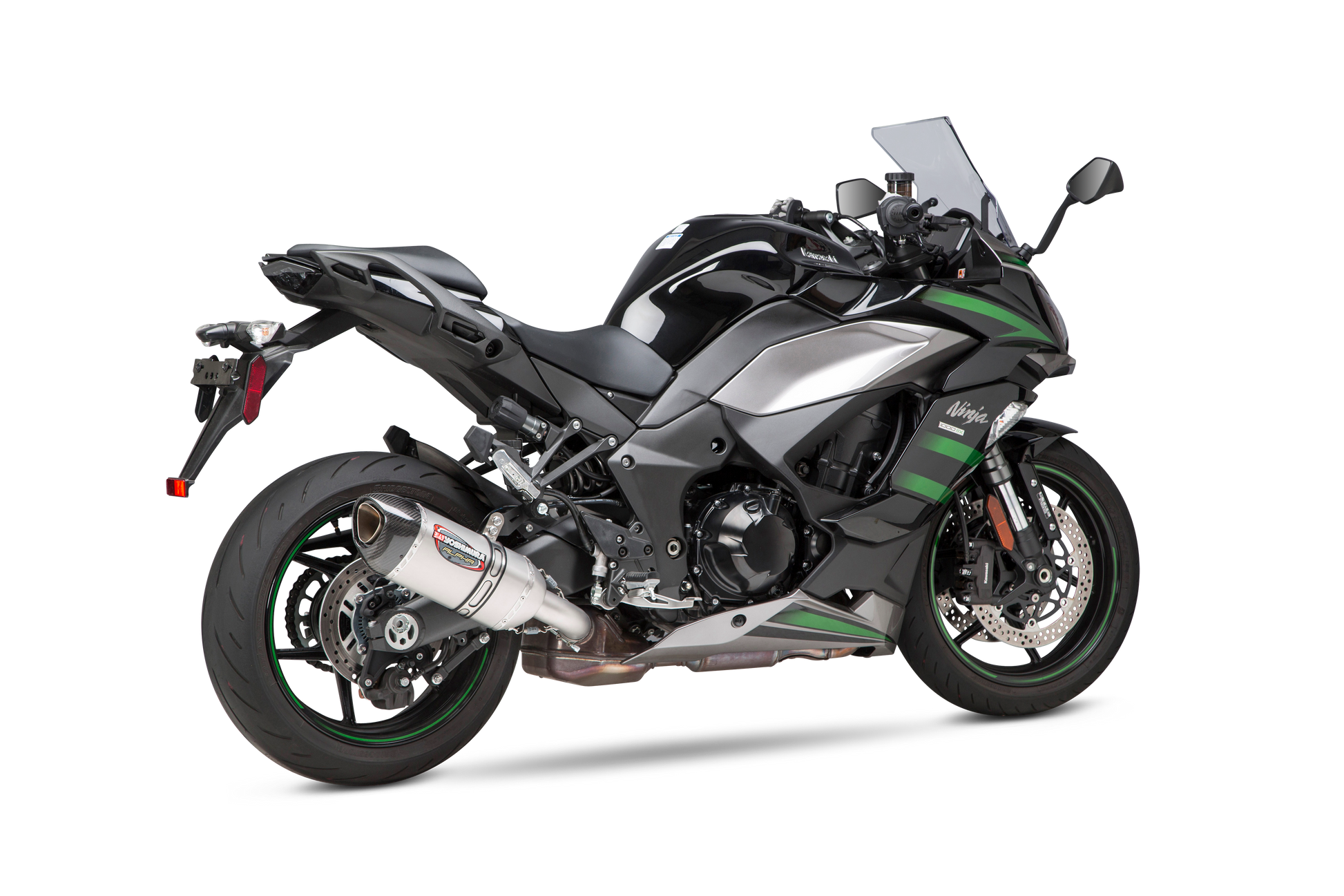 YOSHIMURA RS-12 ADV Street Alpha Slip-On Exhaust for Kawasaki motorcycle, showcasing the sleek black and polished metal design.