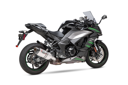 YOSHIMURA RS-12 ADV Street Alpha Slip-On Exhaust for Kawasaki motorcycle, showcasing the sleek black and polished metal design.