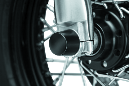 Kuryakyn satin black front axle nut caps for Harley Davidson touring models, fitting securely over the axle nut.