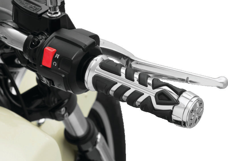 Kuryakyn Spear Grips for Indian Scout, chrome motorcycle handlebar grips with a spear design, mounted on the bike.