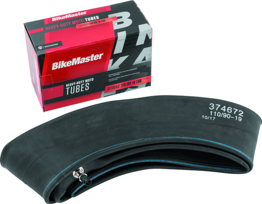 BikeMaster 110/90-19 TR6 heavy duty inner tube for motorcycle tires, shown in the image with valve stem and rubber construction.
