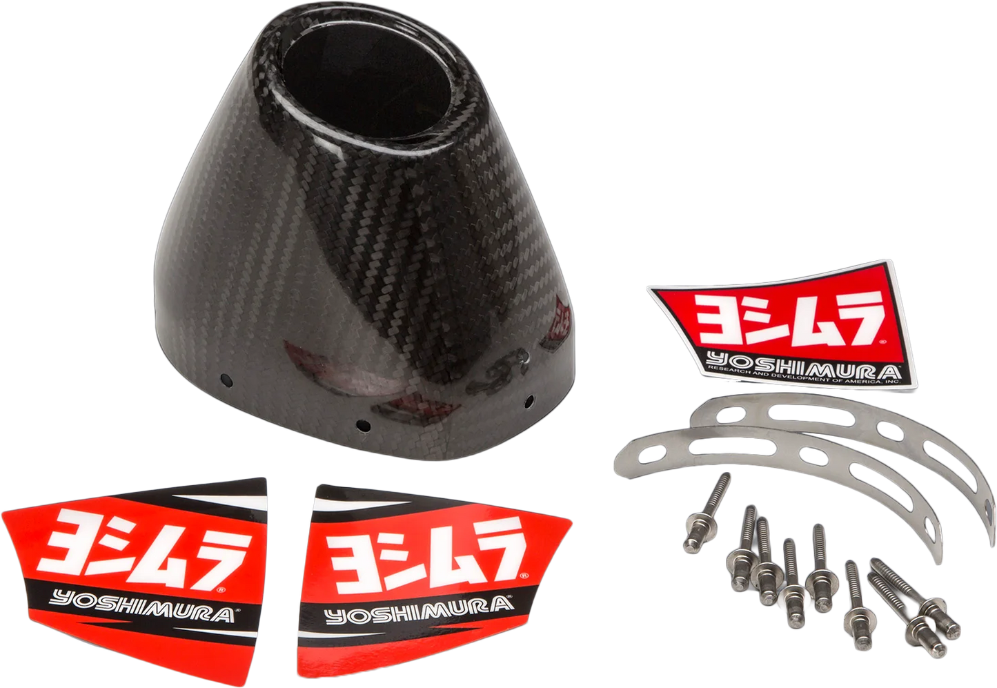 YOSHIMURA RS4 CF end cap cover kit for performance exhaust systems, showing black carbon fiber end caps with branding details