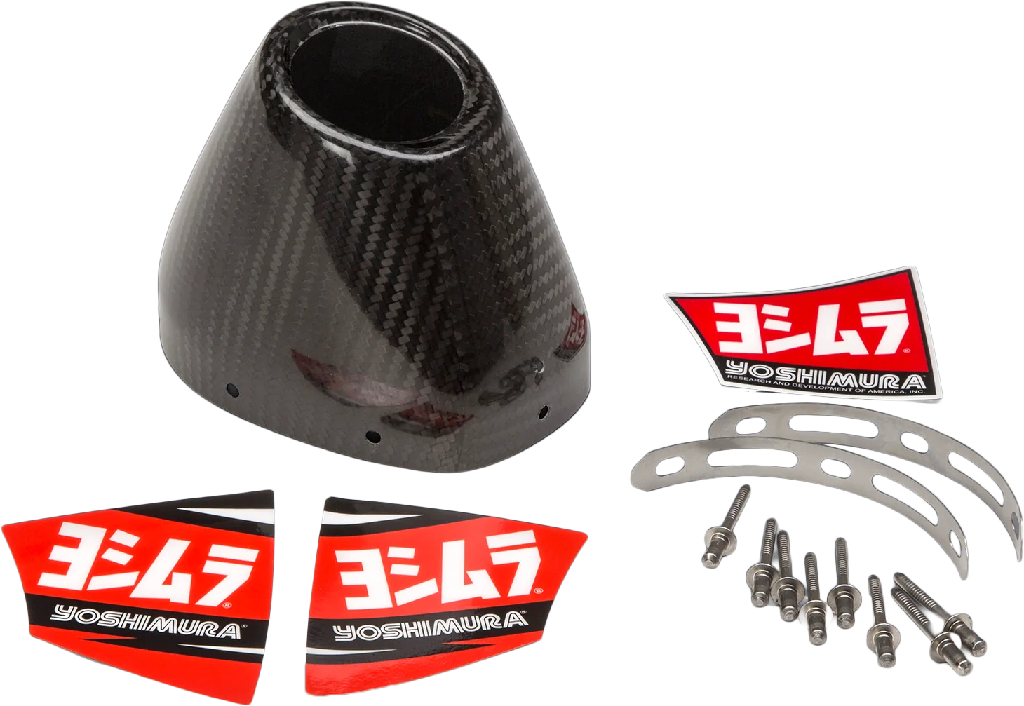 YOSHIMURA RS4 CF end cap cover kit for performance exhaust systems, showing black carbon fiber end caps with branding details