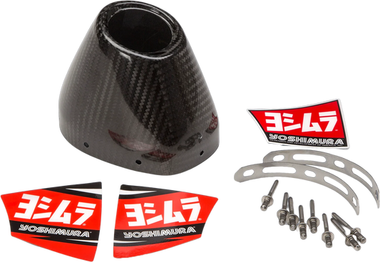 YOSHIMURA RS4 CF end cap cover kit for performance exhaust systems, showing black carbon fiber end caps with branding details