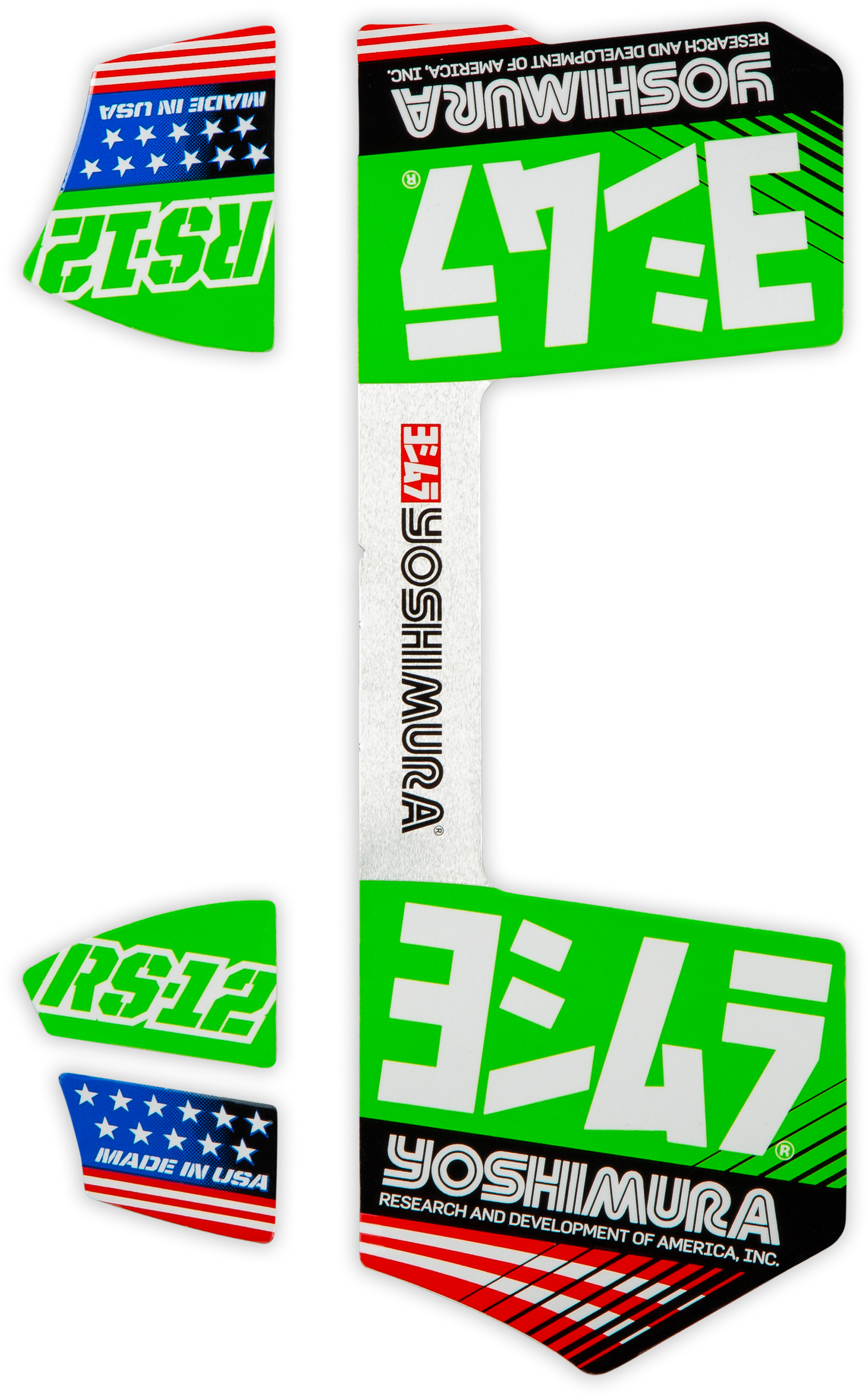YOSHIMURA RS12 muffler decals in green with Yoshimura branding, shown on a motorcycle exhaust part.