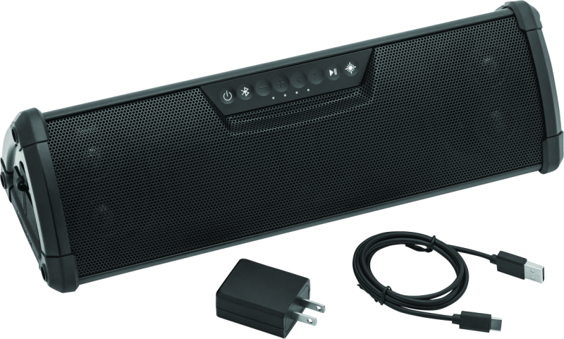 Kuryakyn 14-inch WanderBar portable soundbar by MTX for motorcycle and powersports audio, mounted on a motorcycle handlebar