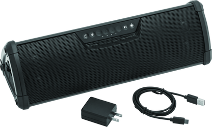 Kuryakyn 14-inch WanderBar portable soundbar by MTX for motorcycle and powersports audio, mounted on a motorcycle handlebar