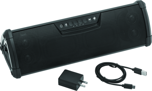 Kuryakyn 14-inch WanderBar portable soundbar by MTX for motorcycle and powersports audio, mounted on a motorcycle handlebar