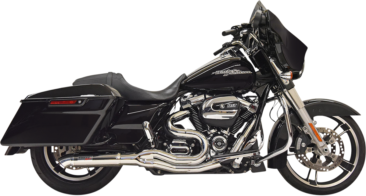 BASSANI XHAUST 1F88C Chrome 2:1 exhaust system with short muffler and heat shields on motorcycle exhaust pipe