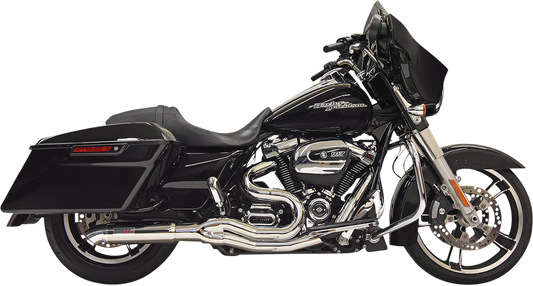 BASSANI XHAUST 1F88C Chrome 2:1 exhaust system with short muffler and heat shields on motorcycle exhaust pipe