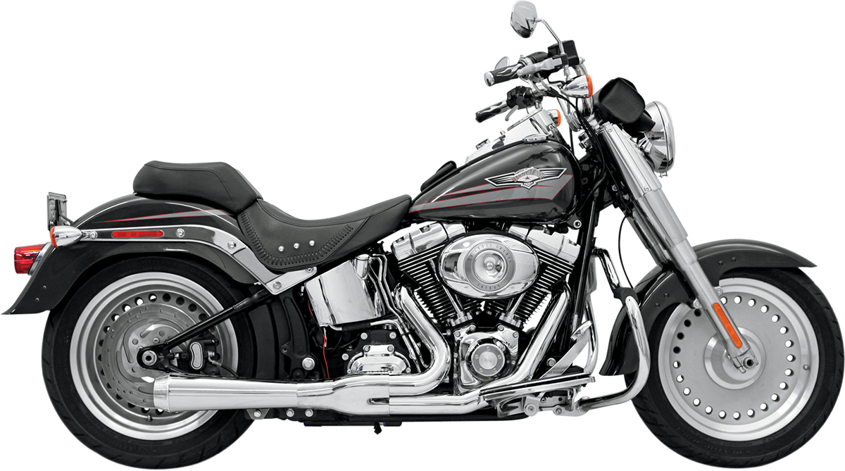 Chrome BASSANI XHAUST 2:1 short exhaust for Softail motorcycle, showing the polished metal finish and sleek design.