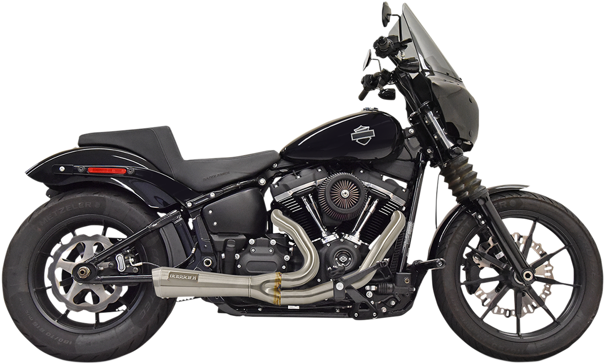 Bassani Xhaust 2:1 short stainless steel exhaust system for Softail motorcycle, featuring sleek pipes and polished finish.