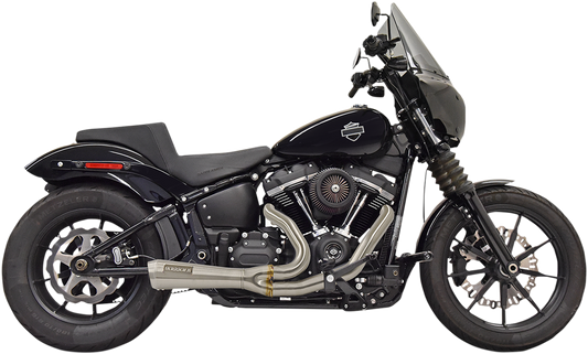 Bassani Xhaust 2:1 short stainless steel exhaust system for Softail motorcycle, featuring sleek pipes and polished finish.