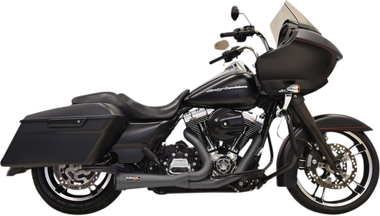 Black finish BASSANI XHAUST 2:1 short exhaust system with mounting details and sleek design for motorcycle performance.