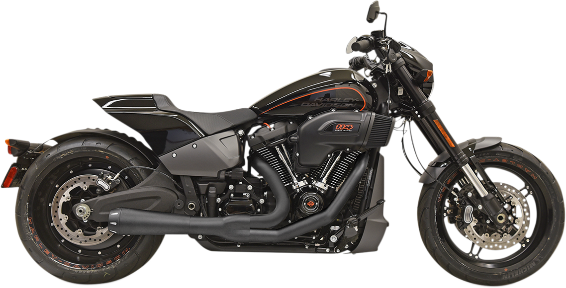 BASSANI XHAUST Road Rage 2-into-1 exhaust system with black finish, showing the sleek black pipes and polished metal details.