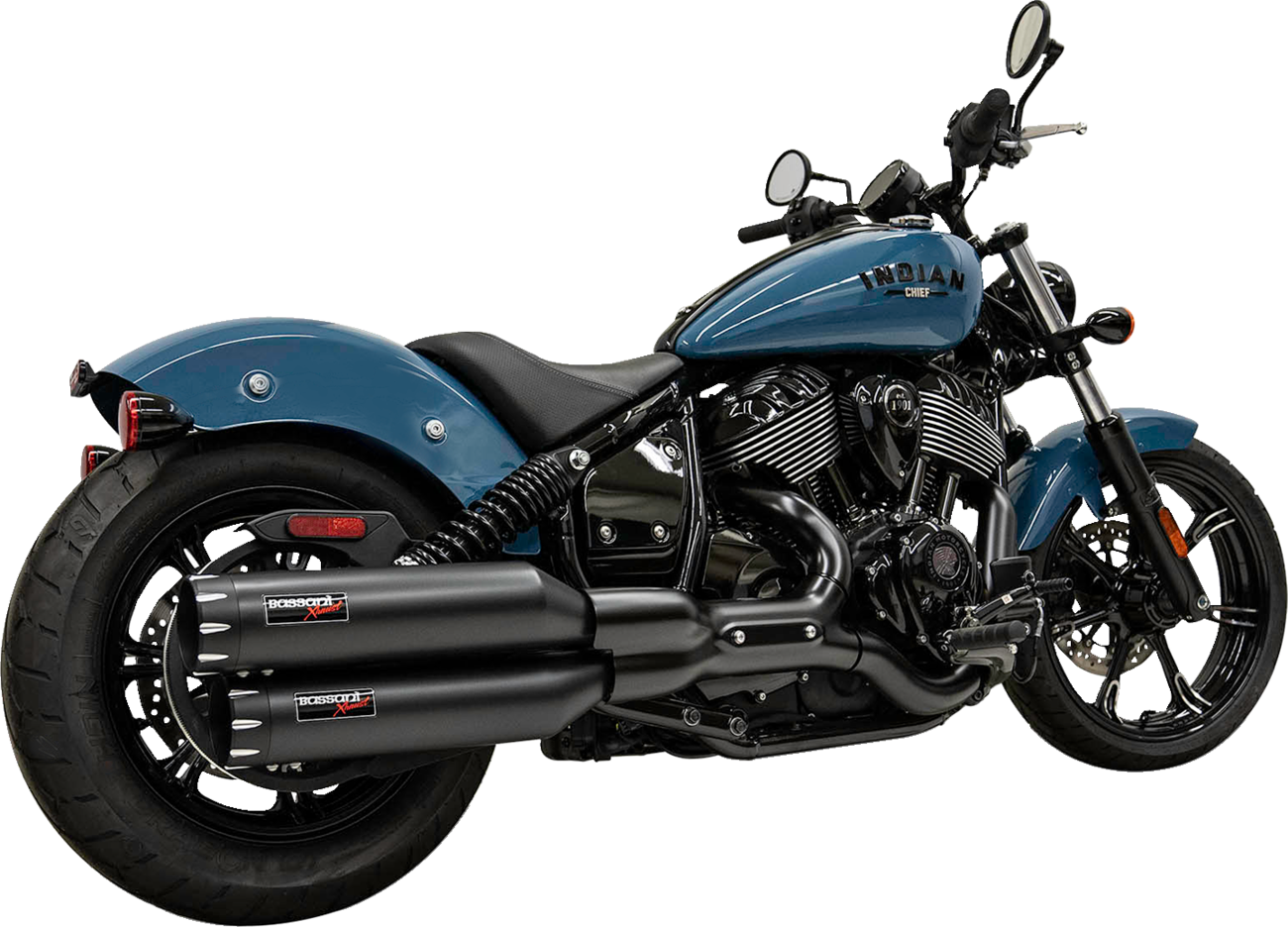 Black Bassani Xhaust 4-inch slip-on mufflers for aggressive sound and performance on motorcycles.