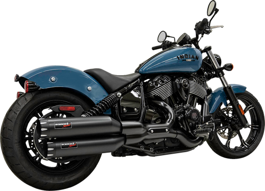 Black Bassani Xhaust 4-inch slip-on mufflers for aggressive sound and performance on motorcycles.