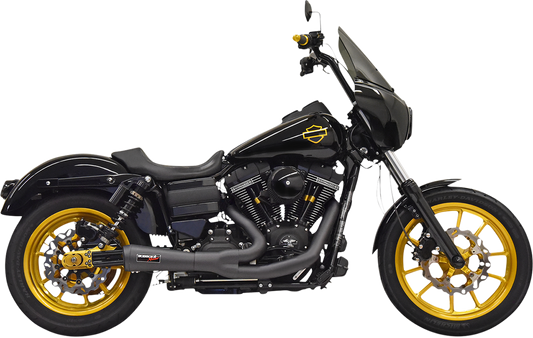 Black Bassani Xhaust Ripper 2:1 exhaust system for Harley Davidson motorcycle, featuring polished metal muffler and dual pipes.