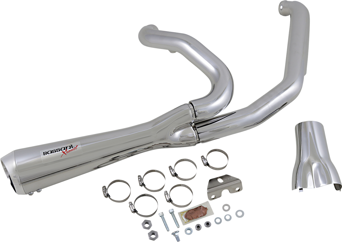Chrome BASSANI XHAUST Short 2:1 exhaust for FL motorcycles, featuring sleek chrome finish and durable construction.
