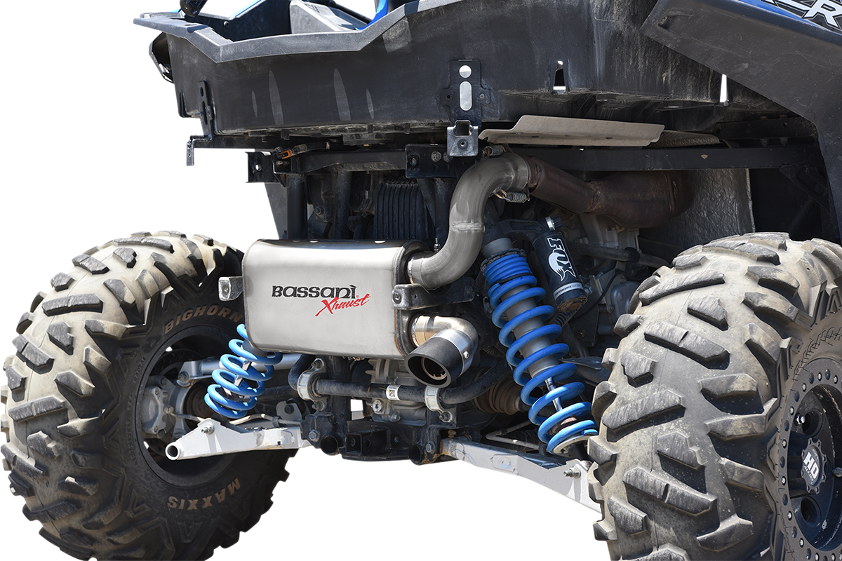 Stainless steel BASSANI XHAUST muffler for RZR XP 900, showing the sleek cylindrical design and part number 6R9017.