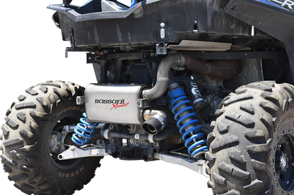 Stainless steel BASSANI XHAUST muffler for RZR XP 900, showing the sleek cylindrical design and part number 6R9017.