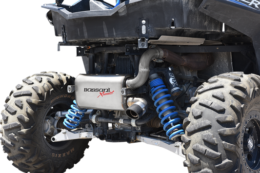 Stainless steel BASSANI XHAUST muffler for RZR XP 900, showing the sleek cylindrical design and part number 6R9017.