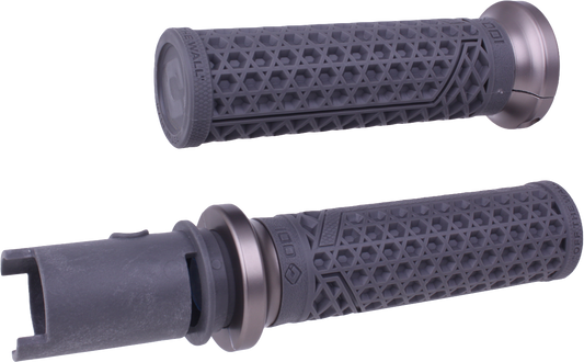 ODI Van's Lock On motorcycle grips in graphite and gun metal for Harley Davidson 2023-2024, featuring textured rubber surfaces.