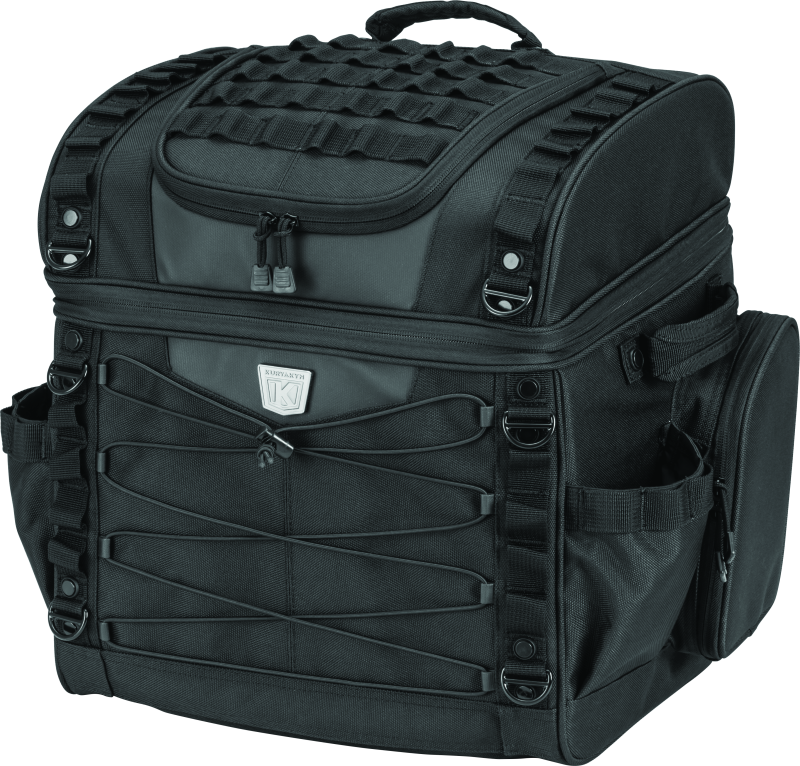 Kuryakyn Momentum Vagabond Bag mounted on motorcycle seat and luggage rack, showcasing versatile storage for motorcycle touring.