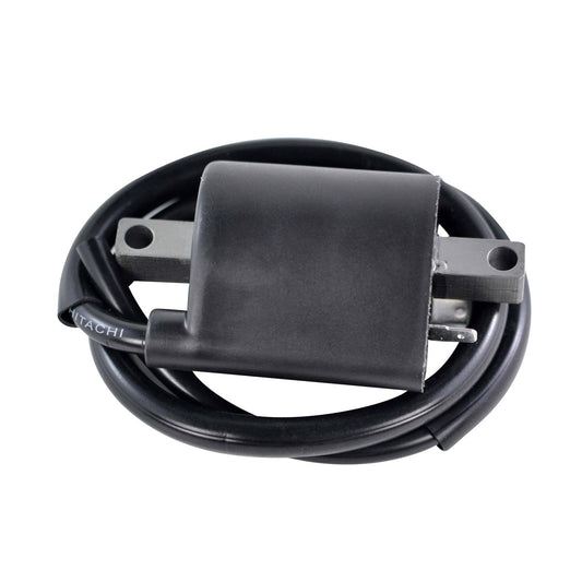 RM STATOR external ignition coil part RM06154, shows the black coil with mounting brackets and electrical connections.