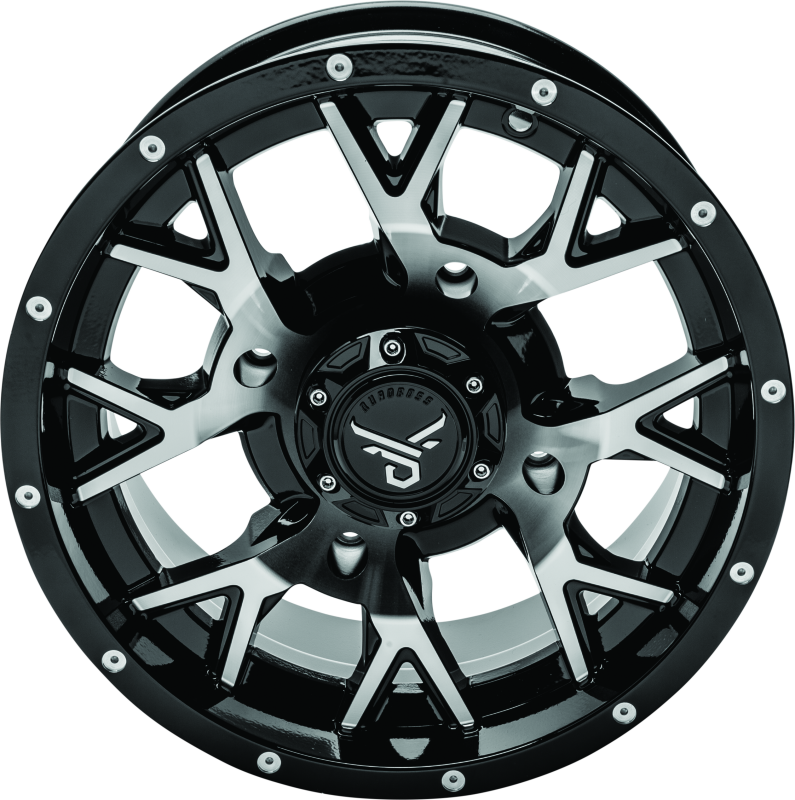 QuadBoss Barbwire 14x7 aluminum wheels, part number 608574, showcasing durable, lightweight alloy wheels with a barbwire design.