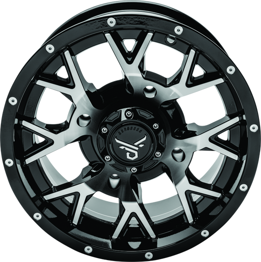 QuadBoss Barbwire 14x7 aluminum wheels, part number 608574, showcasing durable, lightweight alloy wheels with a barbwire design.