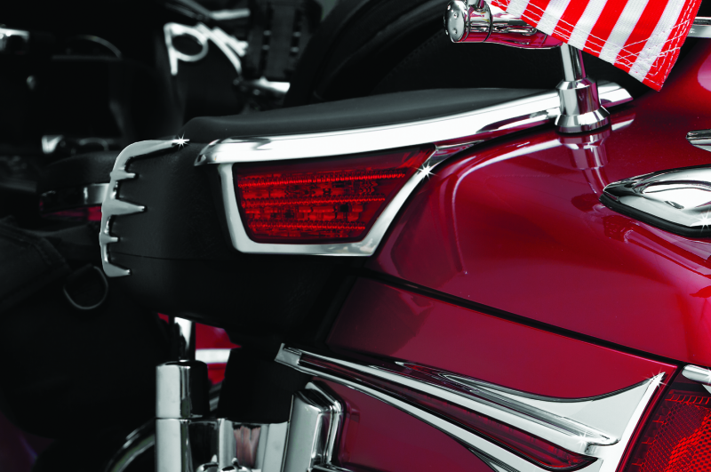 Kuryakyn LED passenger armrest trim with turn signals for Honda Gold Wing GL1800, chrome finish, 2006-2017 motorcycle accessory