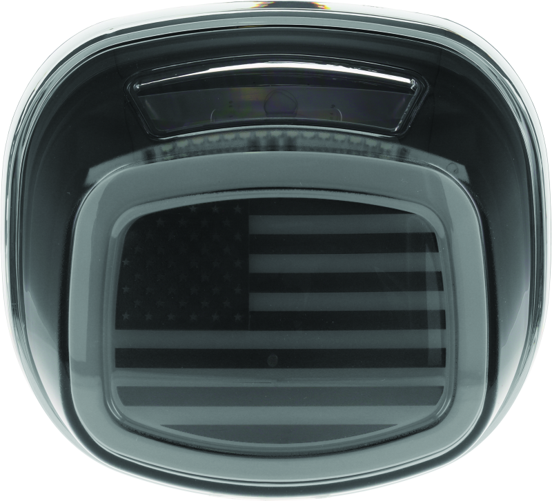 Kuryakyn Freedom taillight with smoke lens and license light installed on a Harley Davidson motorcycle.