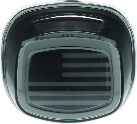 Kuryakyn Freedom taillight with smoke lens and license light installed on a Harley Davidson motorcycle.