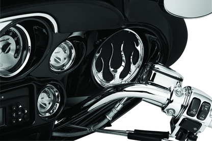 Chrome Kuryakyn Flame Speaker Grills for Harley Davidson Touring models, featuring bold flame design and durable finish.