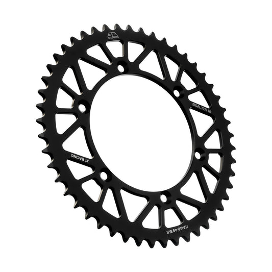 JT RaceLite 49-tooth aluminum rear sprocket for Kawasaki and Suzuki in black, designed for high performance motorcycle racing.