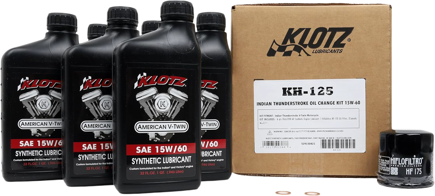 KLOTZ Indian Thunderstroke 6 Quart Synthetic Oil Change Kit with oil filter and tools for motorcycle maintenance