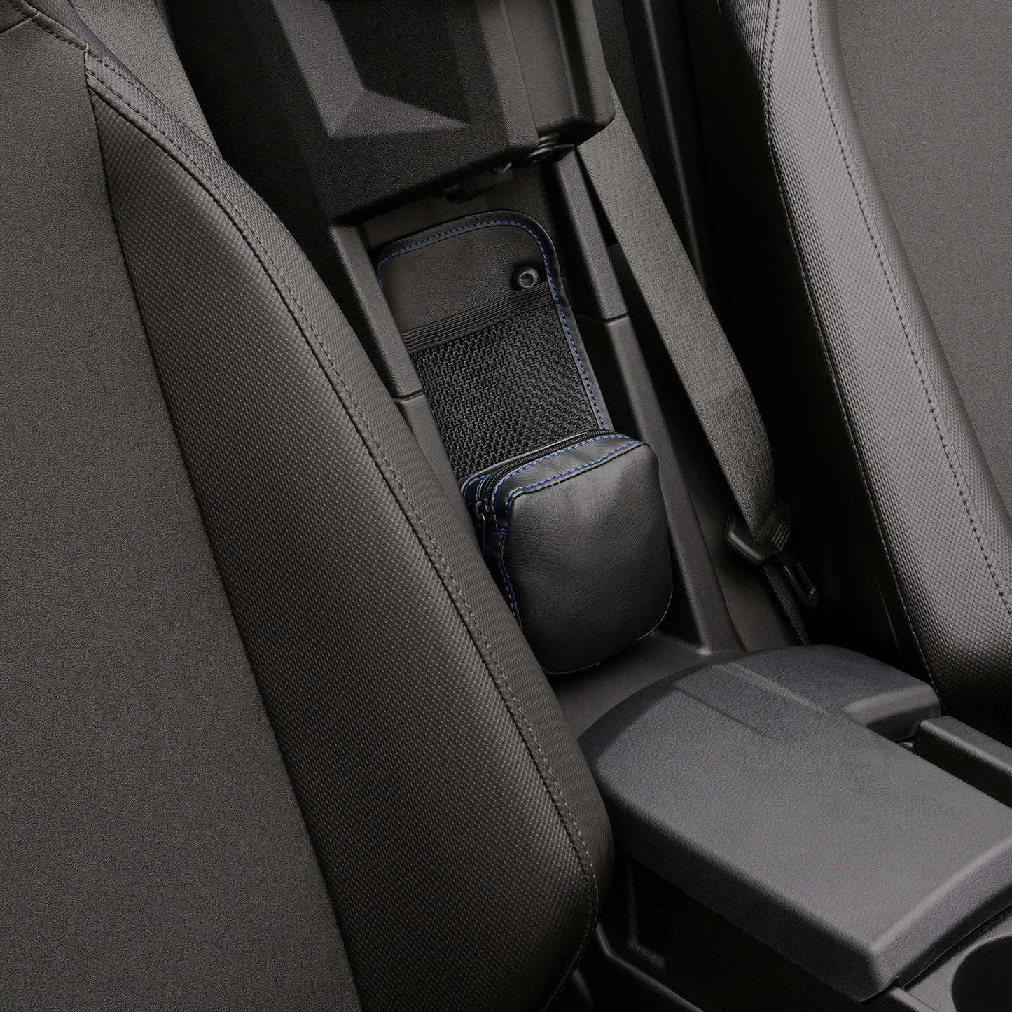 Black Show Chrome Kaliber Engine Center Console Organizer with blue stitching, designed for Bill's Exhausts engine components.
