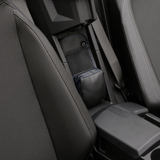 Black Show Chrome Kaliber Engine Center Console Organizer with blue stitching, designed for Bill's Exhausts engine components.