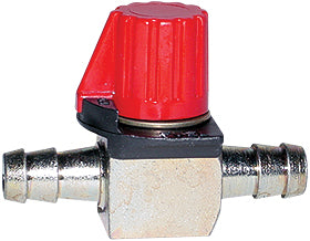 Motion Pro 12-0036 inline fuel valve for 5/16 inch fuel line, shown in a close-up with black plastic construction and fittings.