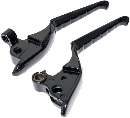 Kuryakyn Enygma levers in gloss black installed on a Harley-Davidson Touring motorcycle, showing sleek handlebar design and finish