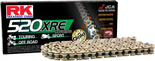 RK EXCEL GB520XRE gold drive chain for 520 series with 160 links, featuring durable metal links and gold finish.