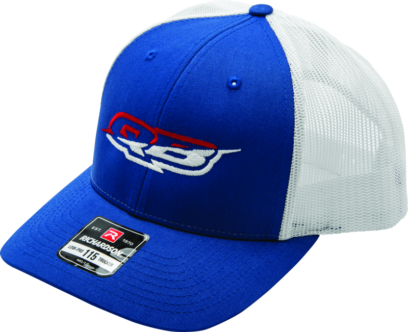 QuadBoss red and white Merica trucker hat with adjustable snapback, featuring patriotic design and mesh back for ventilation.