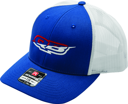 QuadBoss red and white Merica trucker hat with adjustable snapback, featuring patriotic design and mesh back for ventilation.